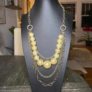 Vintage Gold Tone multi (4) strand pearl bead chain bib necklace